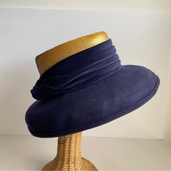 Vintage 90s Whittall & Shon Wool Sequin Hat Navy Blue Gold Wide Brim - Picture 9 of 14